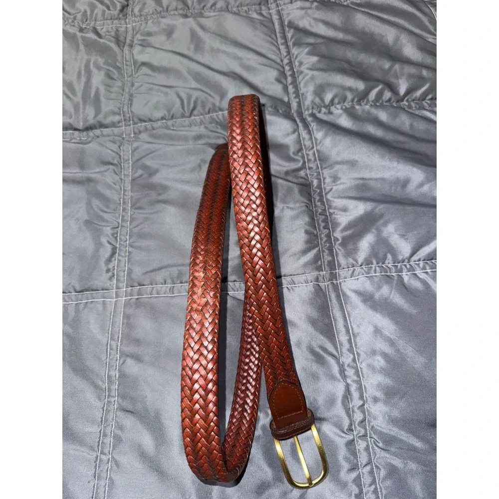 Perry Ellis Portfolio Mens Braided Leather Belt Brown Woven Brass Buckle BP65106